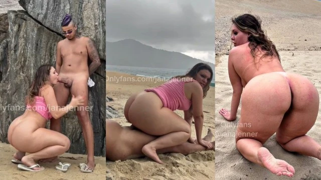 Jana Jenner cavala trepando na praia sentando e chupando